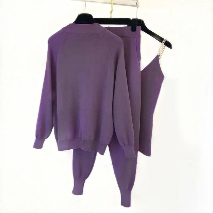 Purple Ribbed Knit Chain Camisole Cardigan Pants Three Piece Set - BEYAZURA.COM