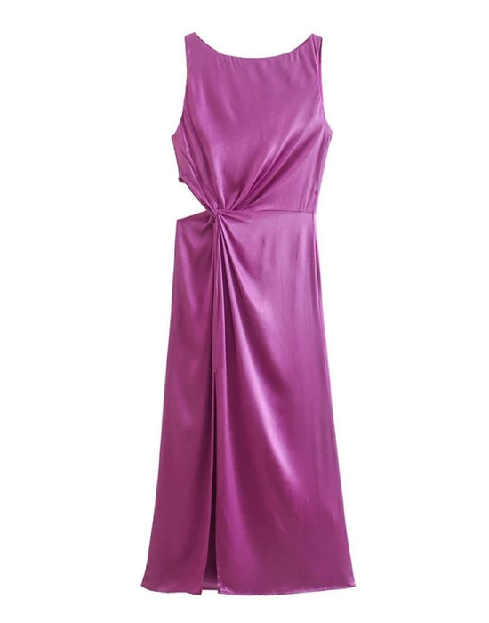 Purple Satin Cut Out Midi Dress - BEYAZURA.COM