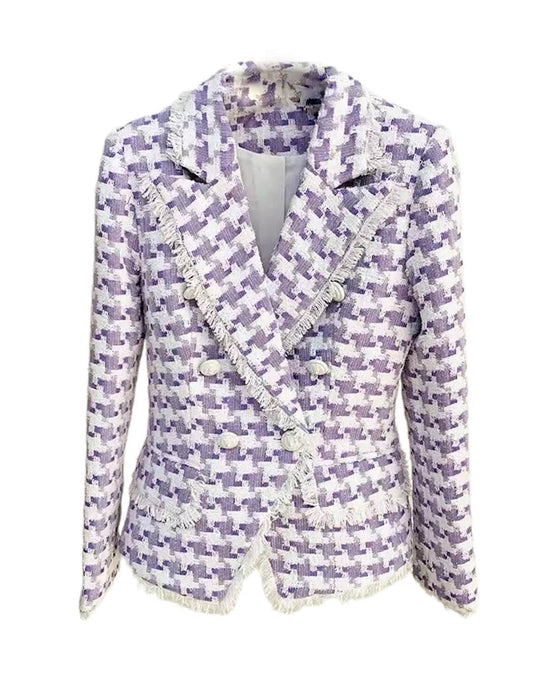 Purple Tweed Blazer With Tassel Edges - BEYAZURA.COM
