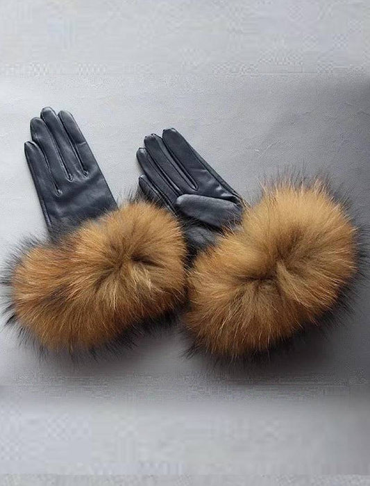 Raccoon Fur Sheepskin Leather Gloves - BEYAZURA.COM