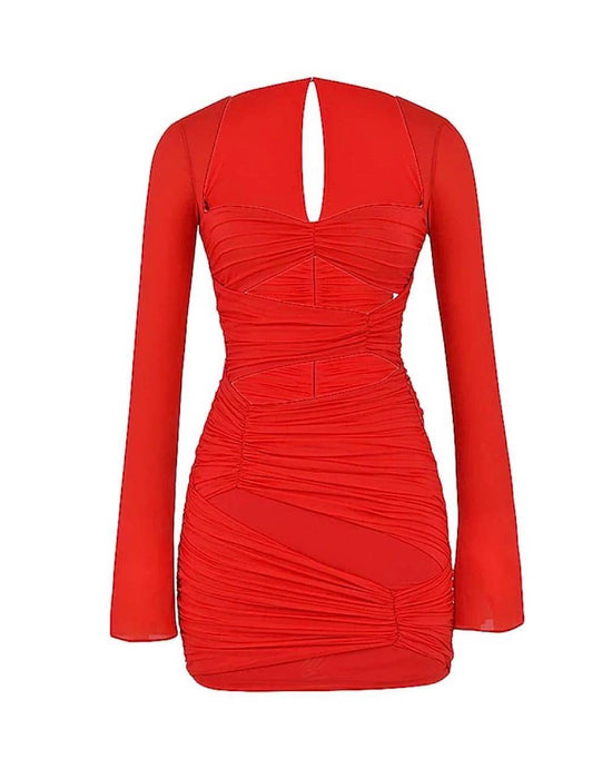 Red Cutout Square Neck Dress - BEYAZURA.COM