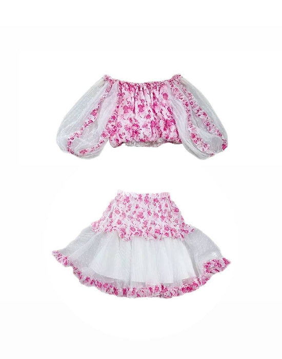 Red Flower Print Top And Skirt Set - BEYAZURA.COM