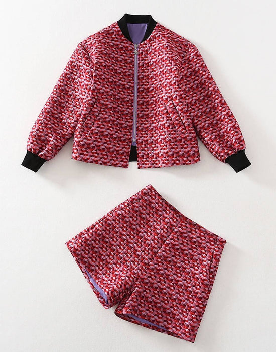 Red Pattern Jacket And Shorts Set - BEYAZURA.COM