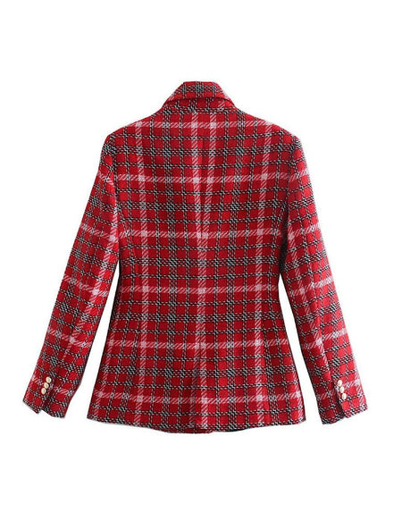 Red Plaid Tweed Blazer - BEYAZURA.COM