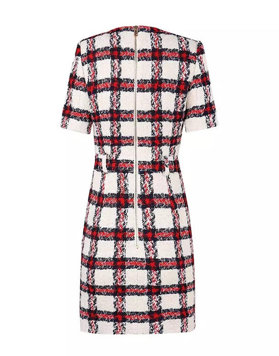 Red Plaid Tweed Knit Gold Button Dress Beyazura.com Red Plaid Tweed Knit Gold Button Dress Beyazura.com