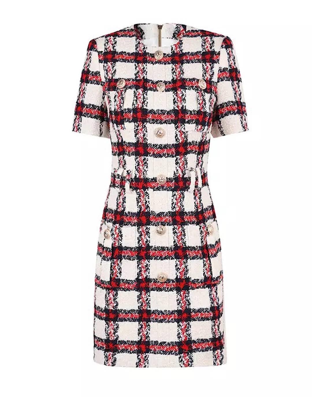 red plaid tweed dress Day + Moon - Sleeveless Tweed Plaid Dress