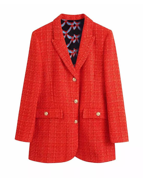 Red Tweed Long Blazer - BEYAZURA.COM