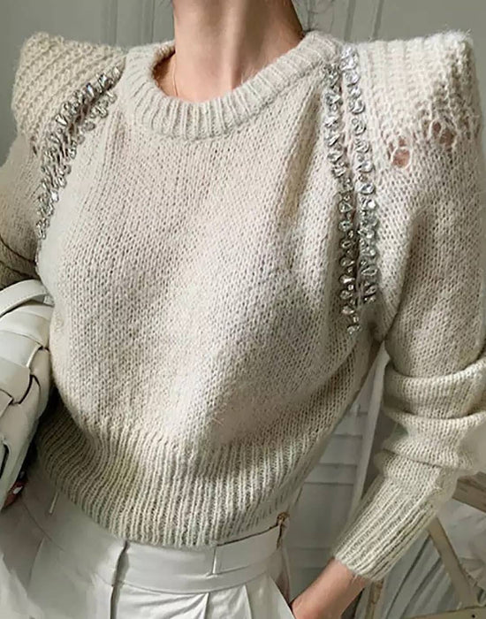 Rhinestone Beaded Short Sweater - BEYAZURA.COM