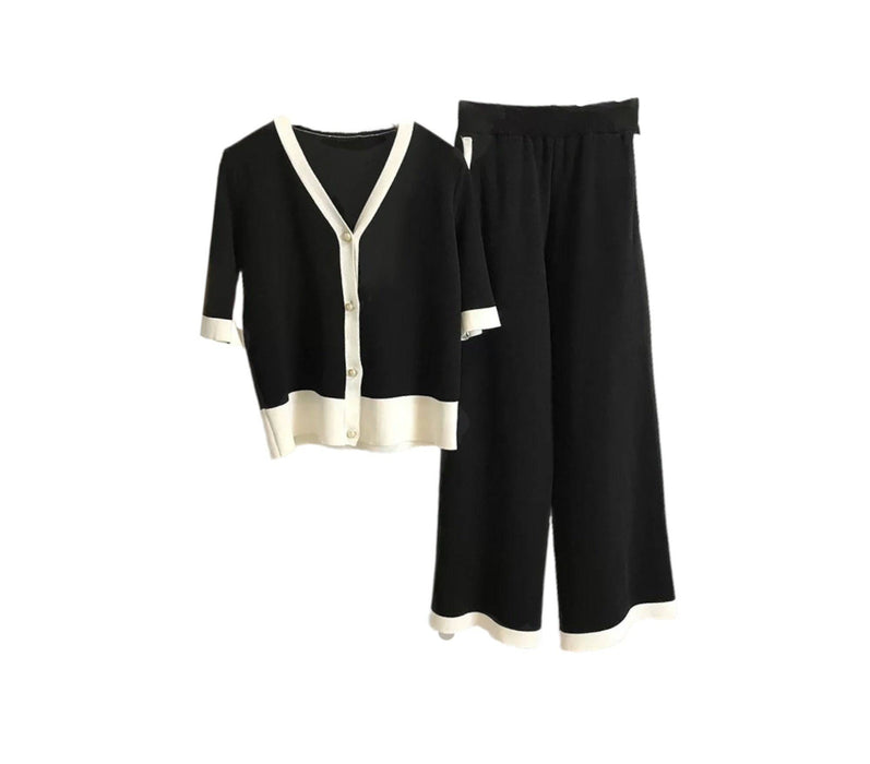 Ribbed Knit Cardigan And Wide Leg Cropped Pants Set - BEYAZURA.COM