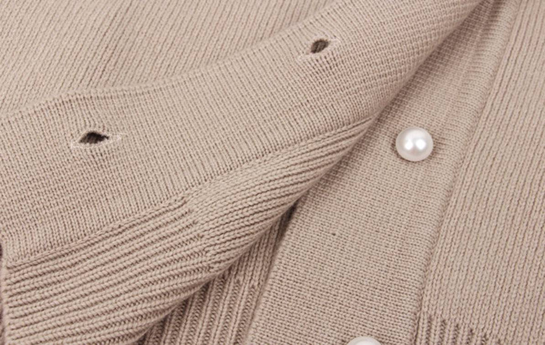 Ribbed Knit Cardigan With Pearl Buttons - BEYAZURA.COM