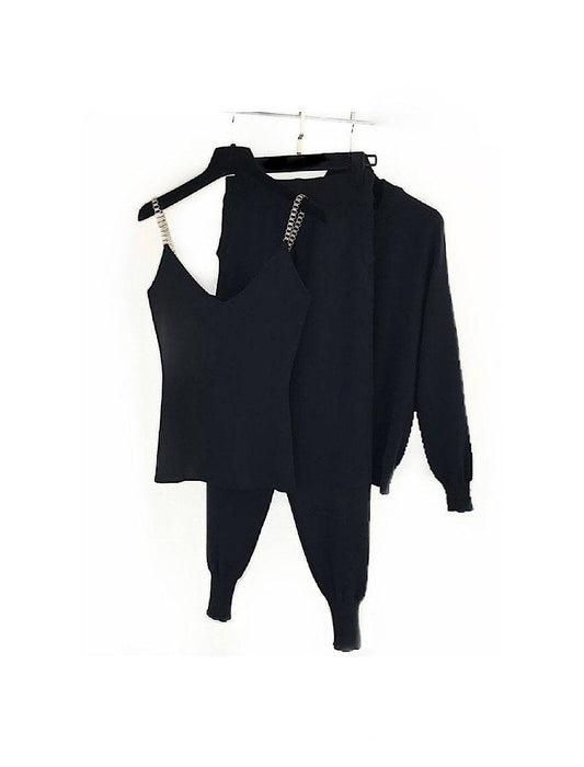 Ribbed Knit Chain Camisole Cardigan Pants Three Piece Set - BEYAZURA.COM