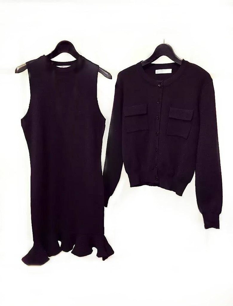 Ribbed Knit Flared Hem Bodycon Dress and Cardigan Two Piece Set in Bla–  Beyazura.com