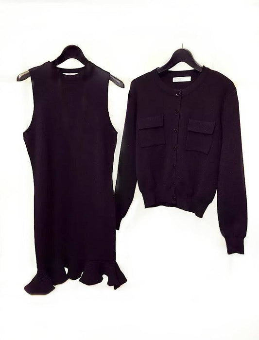 Ribbed Knit Flared Hem Bodycon Dress and Cardigan Two Piece Set in Black - BEYAZURA.COM