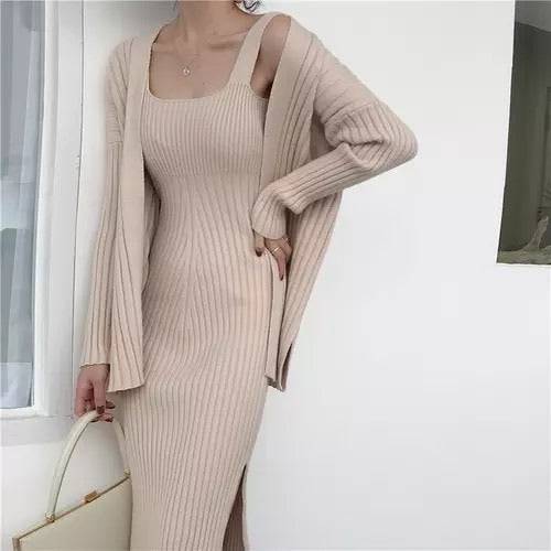 Ribbed Knit Midi Dress And Long Sleeve Sweater Robe Two Piece Set - BEYAZURA.COM