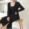 Ribbed Knit Midi Dress And Long Sleeve Sweater Robe Two Piece Set - BEYAZURA.COM