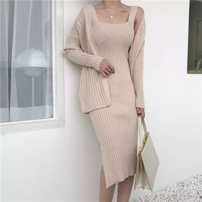 Ribbed Knit Midi Dress And Long Sleeve Sweater Robe Two Piece Set - BEYAZURA.COM