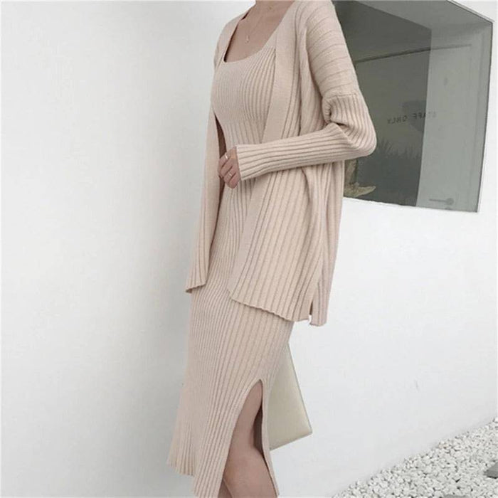 Ribbed Knit Midi Dress And Long Sleeve Sweater Robe Two Piece Set - BEYAZURA.COM