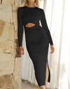 Ribbed Knit Midriff Cutout Dress - BEYAZURA.COM