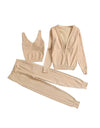 Ribbed Knit Pastel Camisole Cardigan Pants Three Piece Set in Beige - BEYAZURA.COM