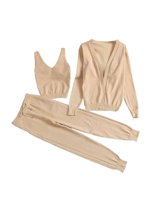 Ribbed Knit Pastel Camisole Cardigan Pants Three Piece Set in Beige - BEYAZURA.COM