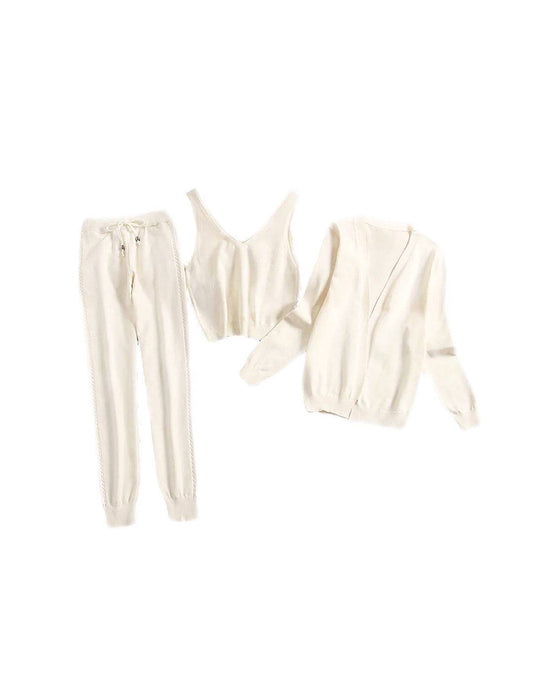 Ribbed Knit Pastel Camisole Cardigan Pants Three Piece Set in Ivory - BEYAZURA.COM