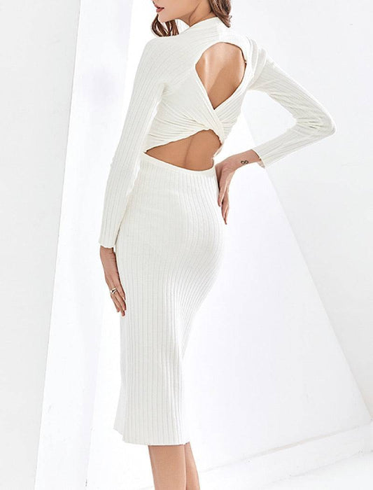 Ribbed Knit Slim Dress With Back Cleavage - BEYAZURA.COM
