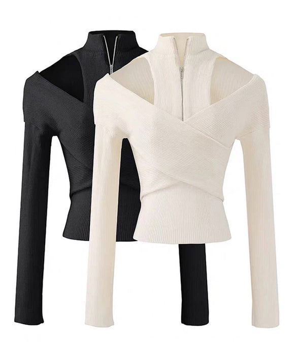 Ribbed Knit Wrap Zipped Sweater In Black - BEYAZURA.COM