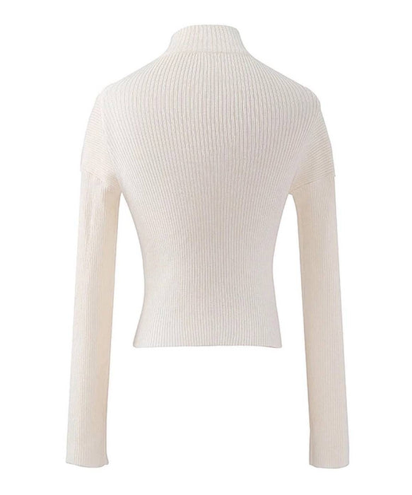 Ribbed Knit Wrap Zipped Sweater In White - BEYAZURA.COM