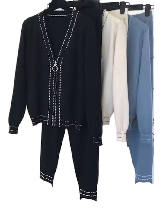Ribbed Knit Zipper Cardigan And Trouser Two Piece Set - BEYAZURA.COM