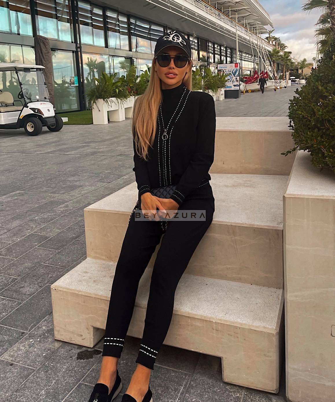 Ribbed Knit Zipper Cardigan And Trouser Two Piece Set–