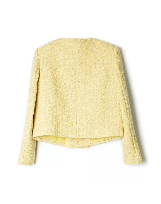 Round Neck Gold Buttoned Tweed Jacket - BEYAZURA.COM
