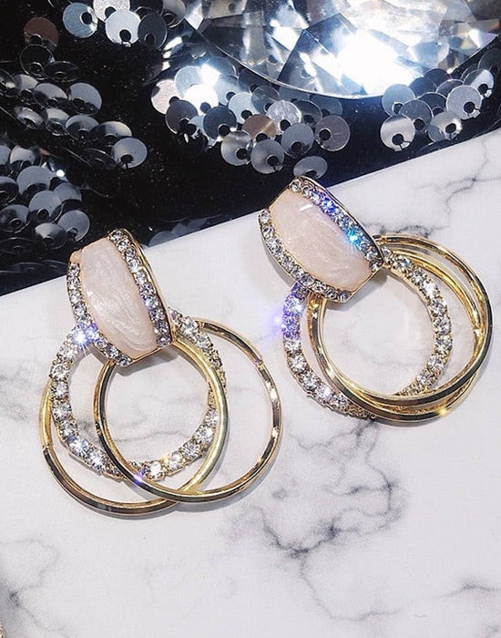 Round Stone And Crystal Drop Earrings - BEYAZURA.COM
