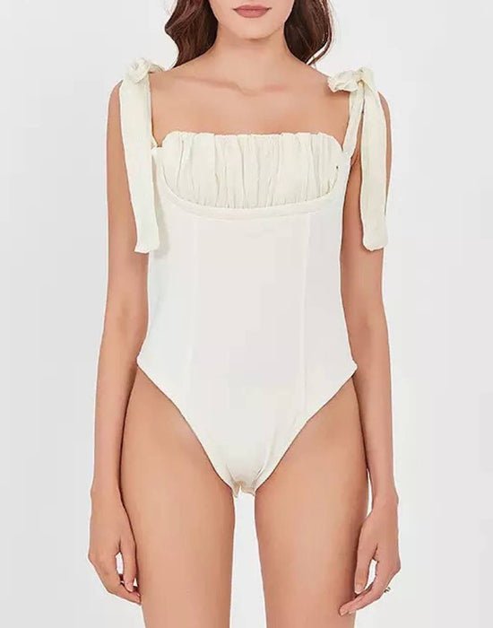 Ruched Bust Tied Knot Strapped Bodysuit - BEYAZURA.COM