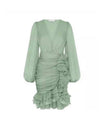 Ruched Skirt Deep V Neck Dress - BEYAZURA.COM