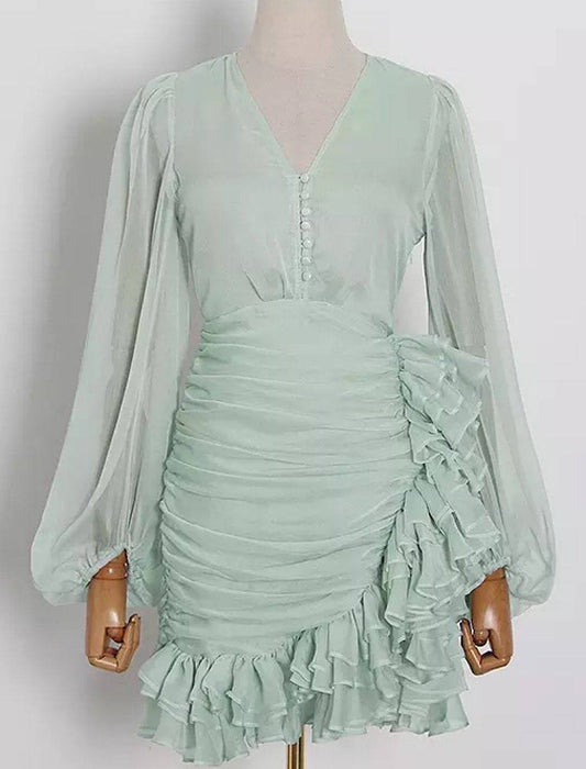 Ruched Skirt Deep V Neck Dress - BEYAZURA.COM
