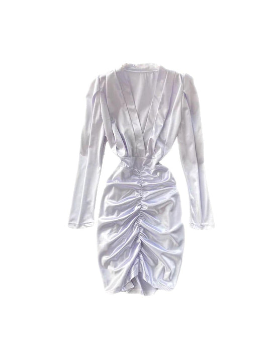 Ruched Skirt V Neck Dress - BEYAZURA.COM