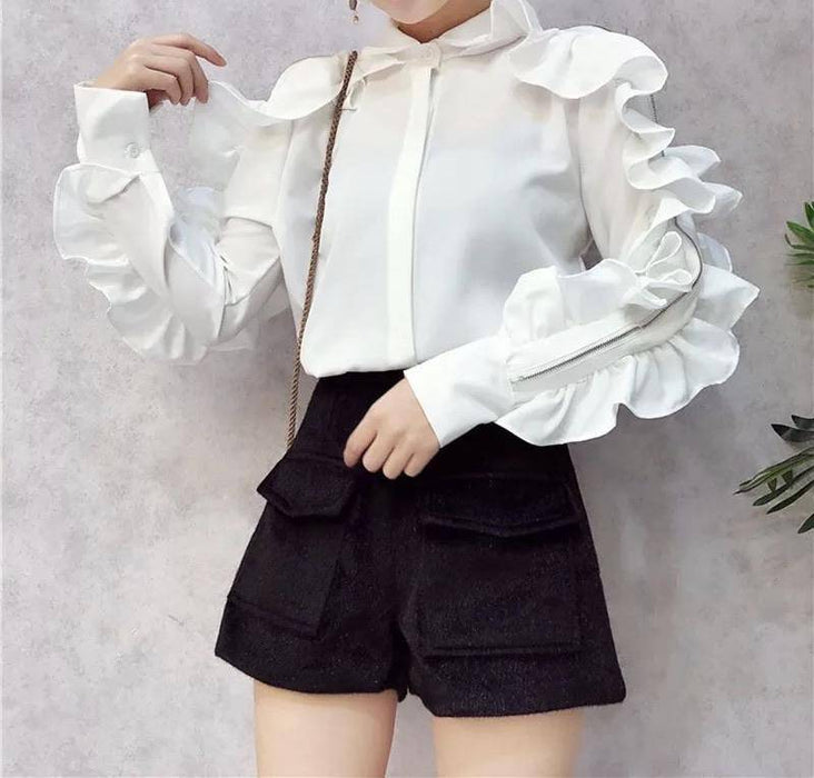 Ruffle Long Sleeve Button Down Shirt - BEYAZURA.COM