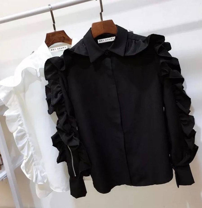 Ruffle Long Sleeve Button Down Shirt - BEYAZURA.COM