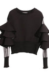 Ruffle Mesh Sleeve Elastic Waist Sweater - BEYAZURA.COM