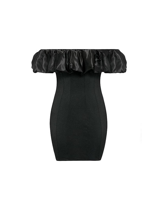 Ruffle Neck Off The Shoulder Bodycon Mini Dress - BEYAZURA.COM