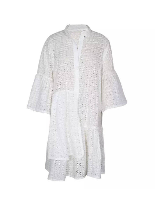 Ruffle Sleeve Hollow Out Shirt Dress - BEYAZURA.COM