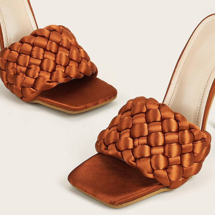 Satin Braided Square Toe High Heel Sandals - BEYAZURA.COM