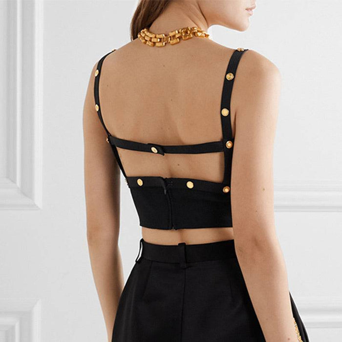 Satin Cropped Gold Buttoned Bra Top - BEYAZURA.COM
