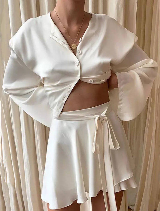 Satin Cropped Shirt Skirt Coord - BEYAZURA.COM