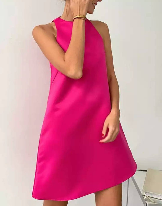 Satin Loose Plain Short Dress - BEYAZURA.COM
