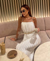 Satin Pleated Long Dress In White - BEYAZURA.COM