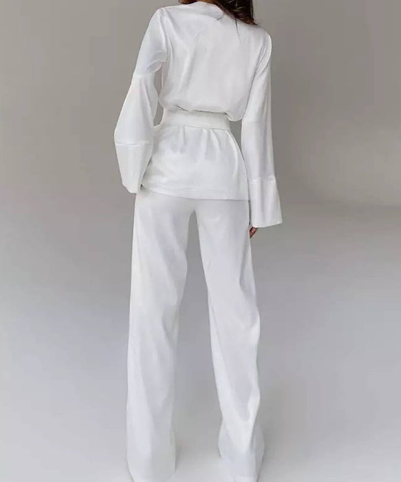 Satin Robe and Trousers Loungewear Set In Black - BEYAZURA.COM