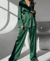 Satin Robe and Trousers Loungewear Set In Black - BEYAZURA.COM