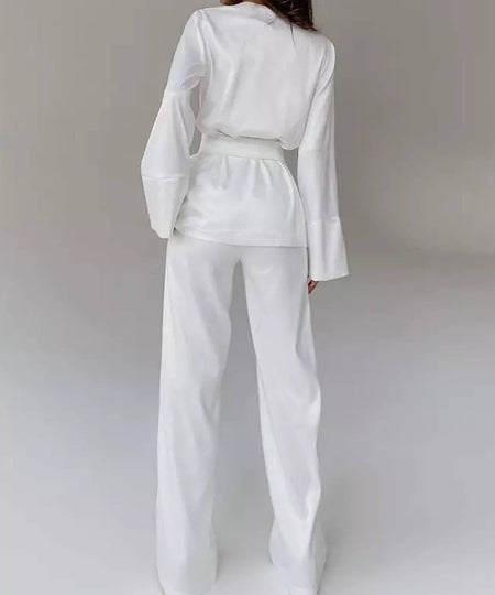 Satin Robe and Trousers Loungewear Set In White - BEYAZURA.COM