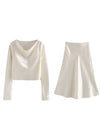 Satin Silky Long Sleeve Blouse Midi Skirt Set - BEYAZURA.COM